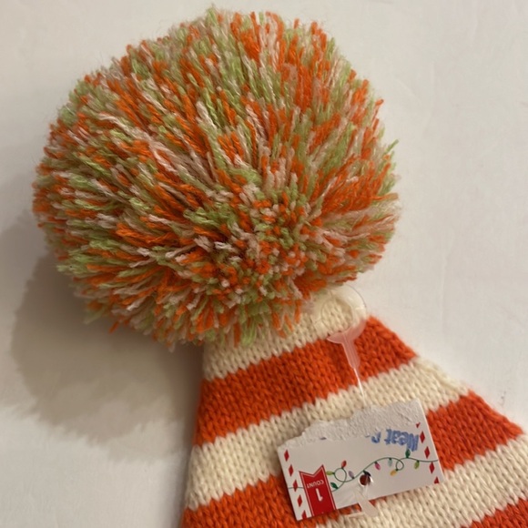 Kids unisex roll down beanie hat stripes w/ Pom Pom orange / cream / green - Picture 2 of 9